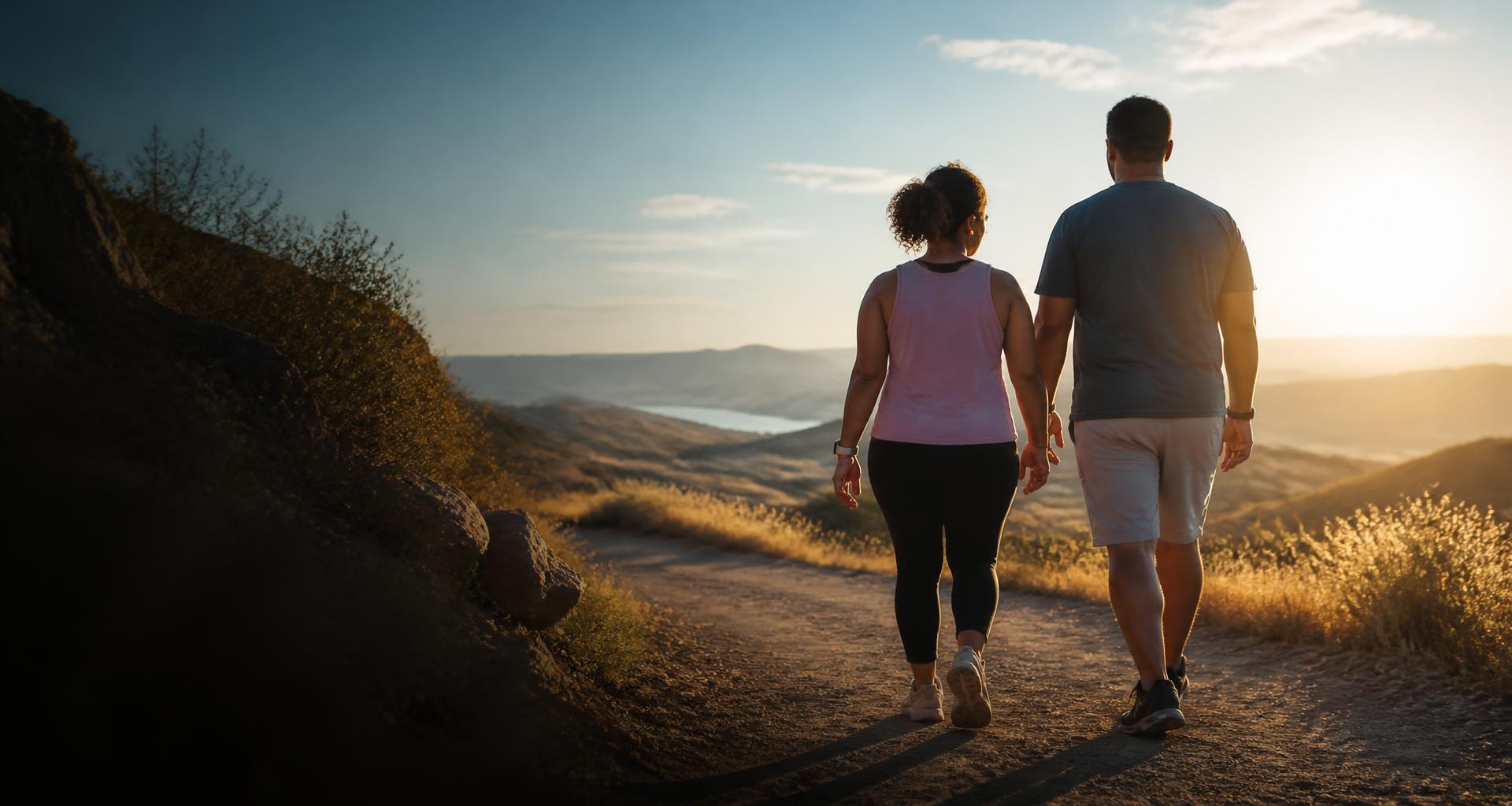 A couple walking toward an open sunlit landscape