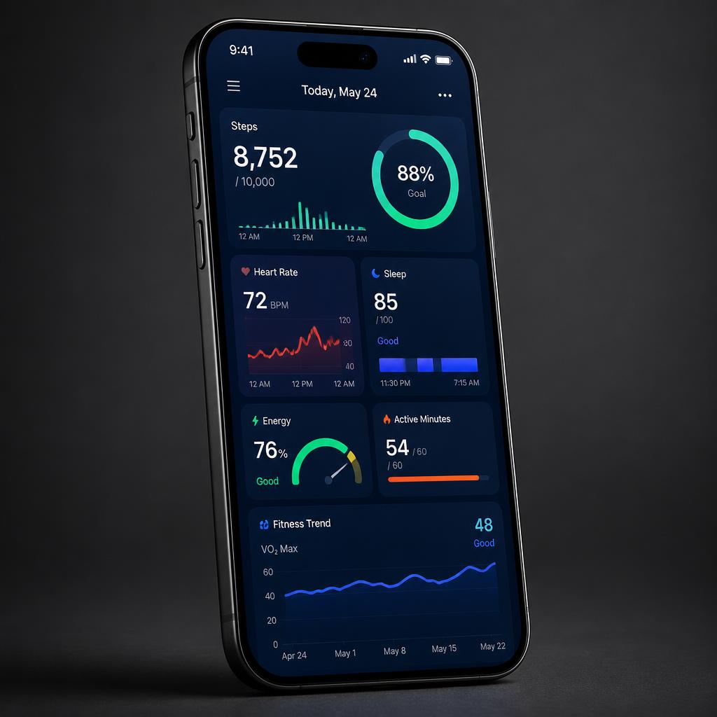 Smartphone showing daily activity, sleep, recovery and fitness trends