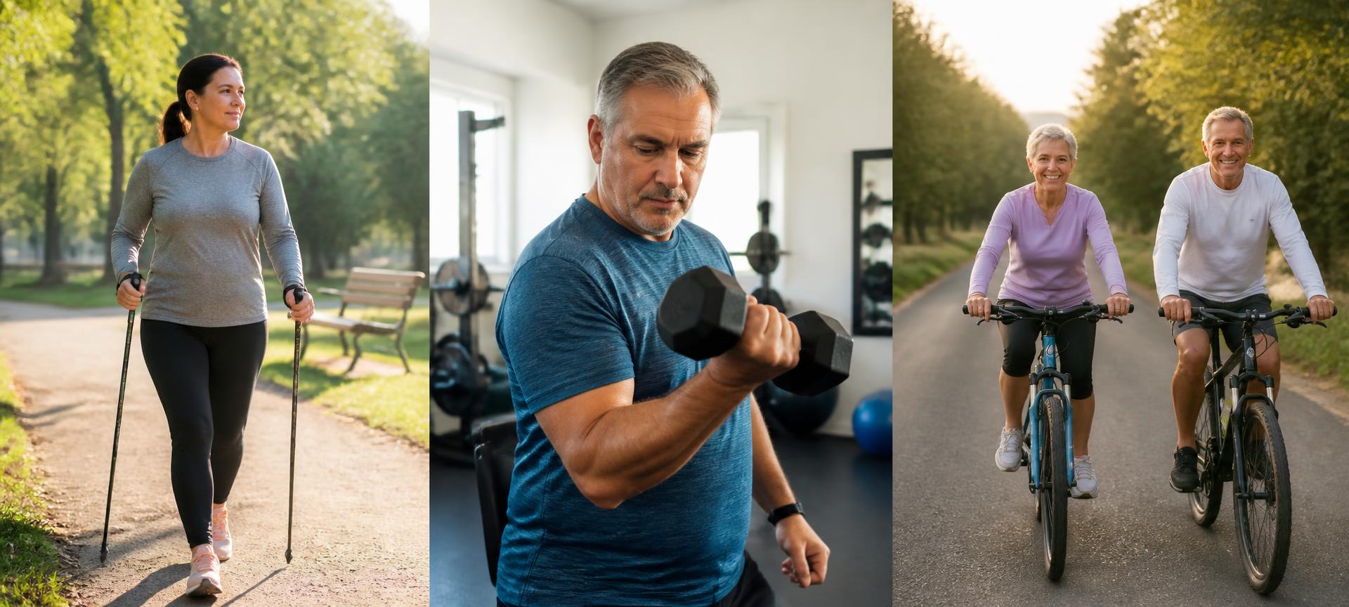Three forms of achievable exercise: Nordic walking, basic resistance training, and outdoor cycling