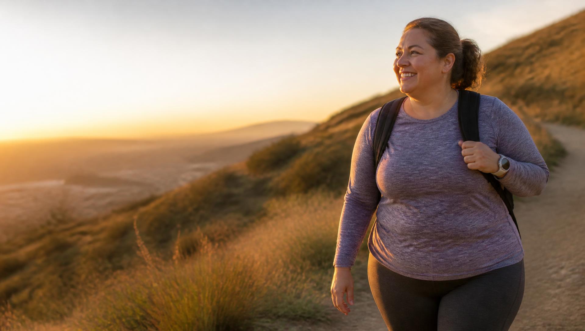 An adult walking uphill outdoors at golden hour