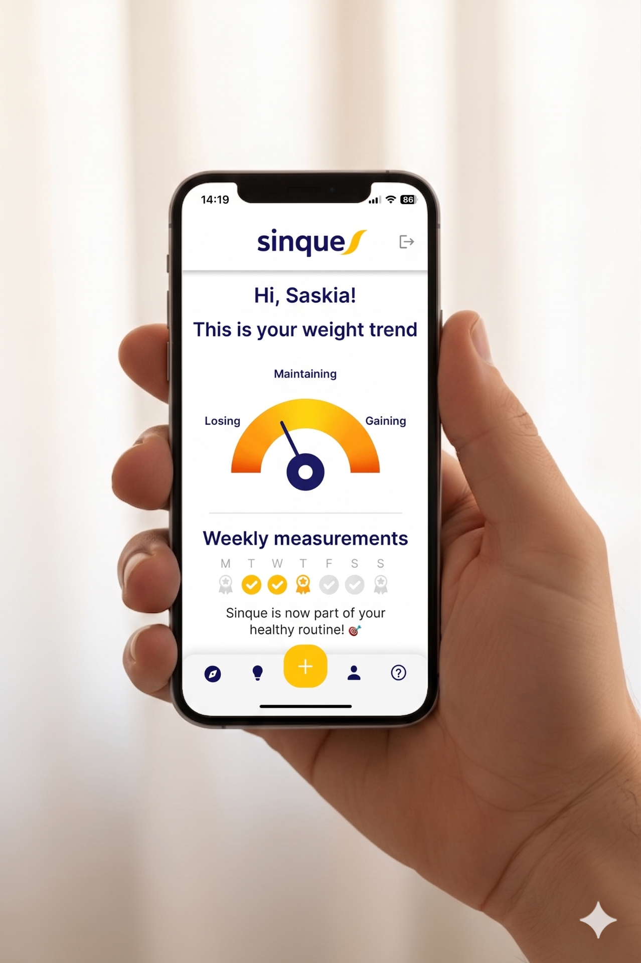 Sinque app showing weekly weight trend with a calm gauge